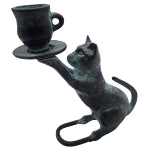 Vintage Bronze Cat Holding Cup Figure Candle Holder 5.5” great patina